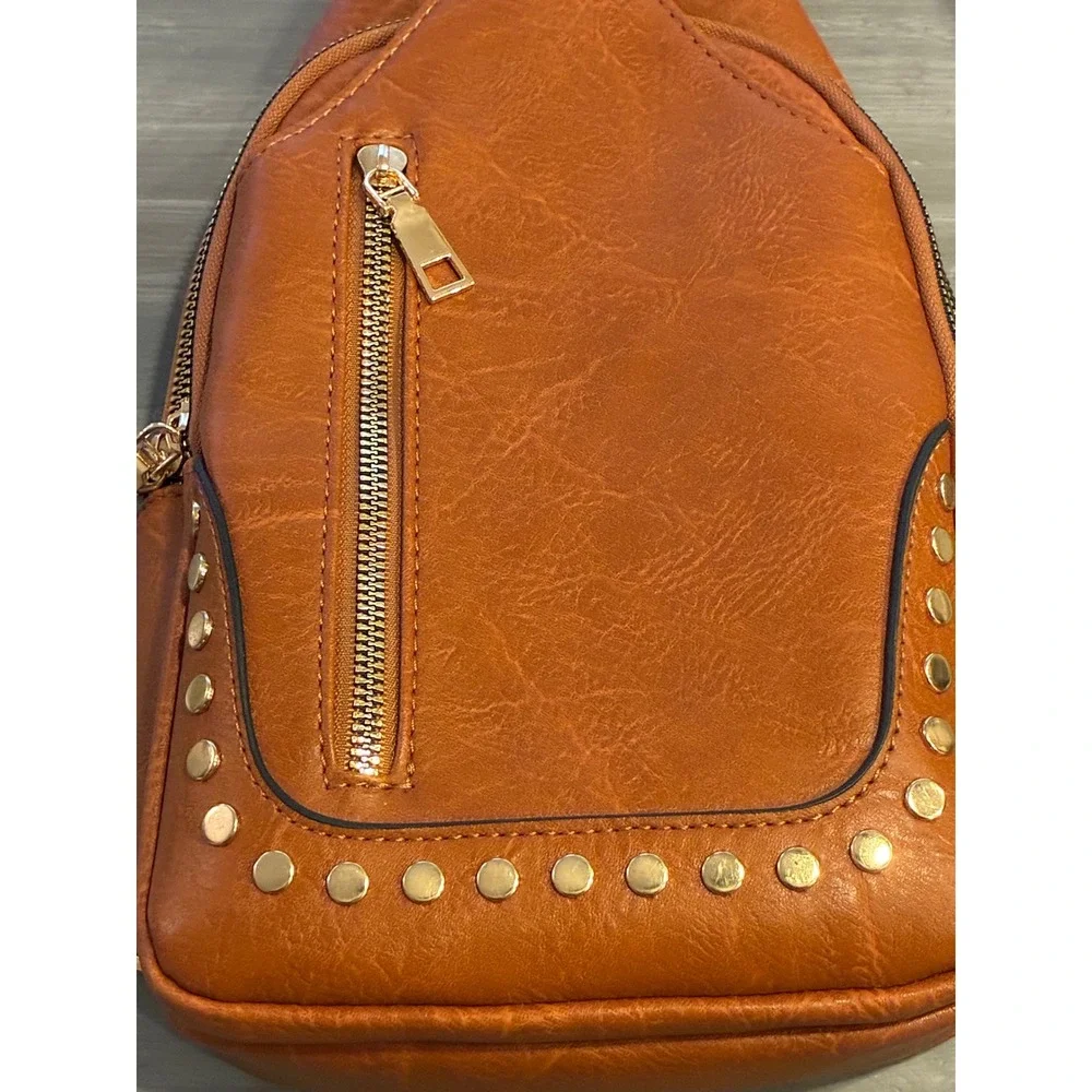 Cognac Faux Leather Sling Bag Studded Crossbody with Woven Guitar Strap